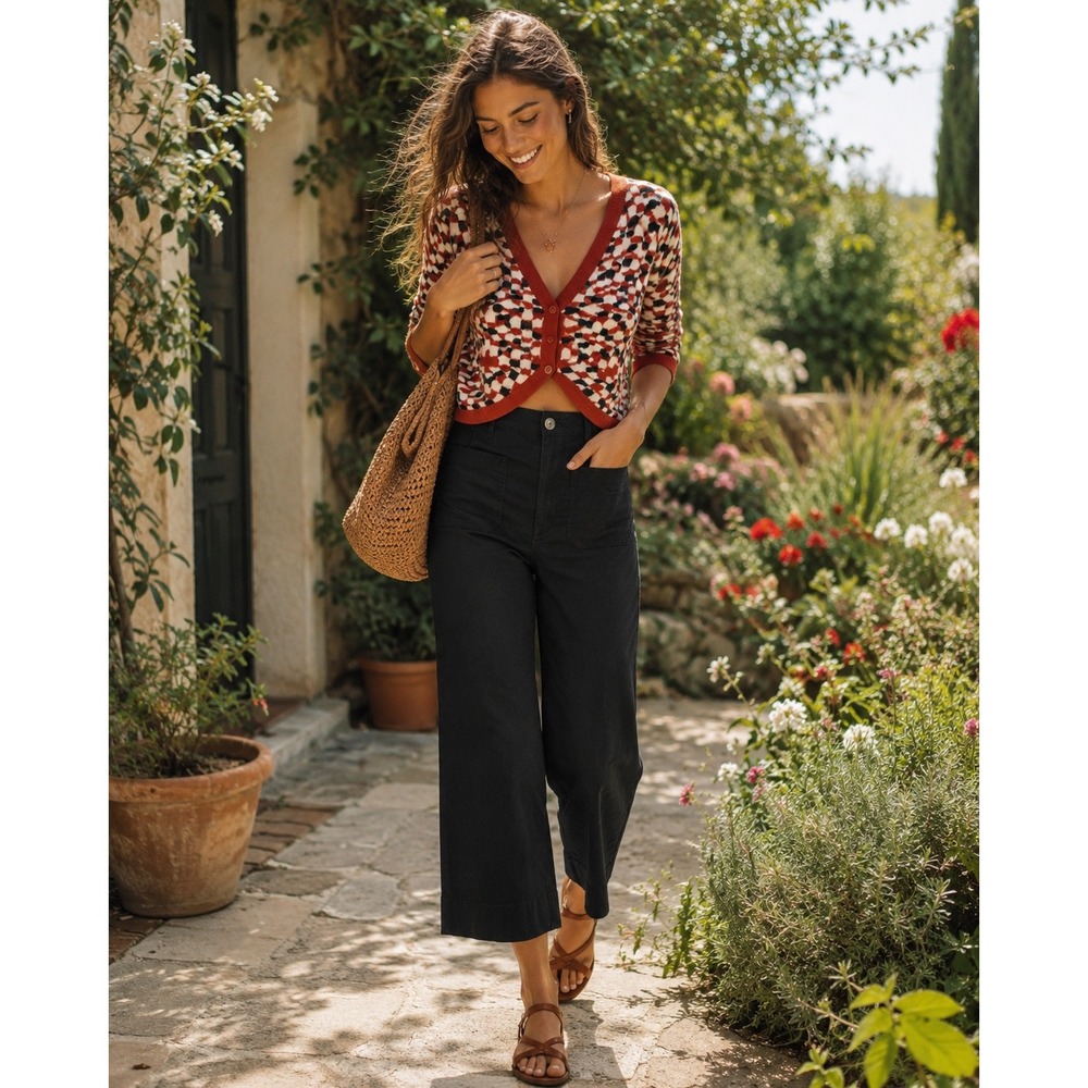 Maeve Colette Wide Leg Pants Women 25 Black‎ Crop High Rise Anthropologie LINEN